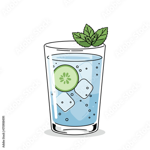 Refreshing Cucumber Water with Ice Cubes and Mint Leaves in a Glass
