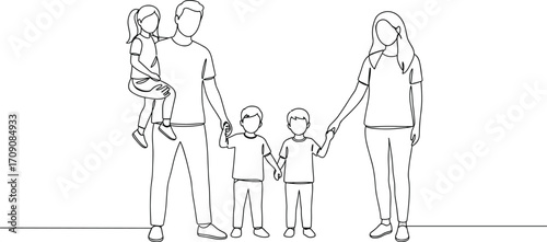 Happy family line art drawing with father mother daughter two sons, parenting unity love relationship, minimal sketch outline vector illustration