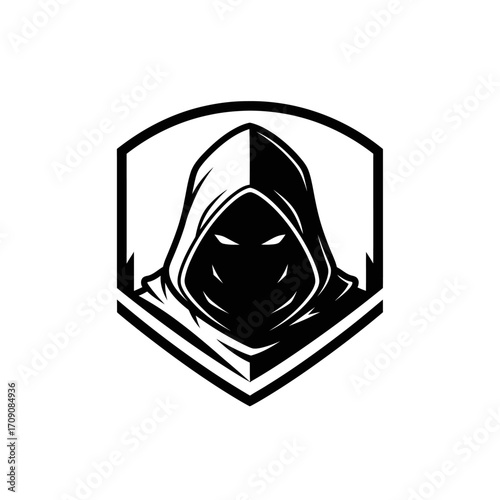 Hooded Figure in Shield Emblem, Black and White Logo
