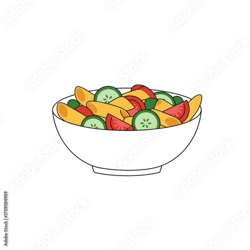 Fresh, Colorful Salad Bowl with Tomatoes, Cucumbers, and Pasta.