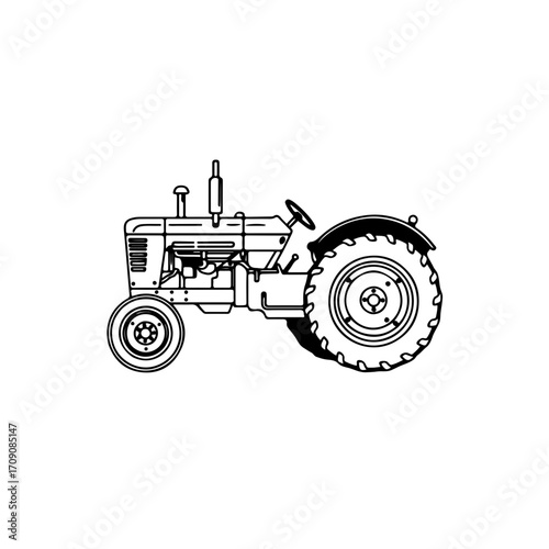 Detailed Black and White Outline of a Classic Farm Tractor