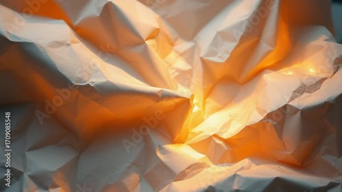 Abstract crumpled white paper background with warm glowing light. Dramatic folds and shadows create an interesting texture.