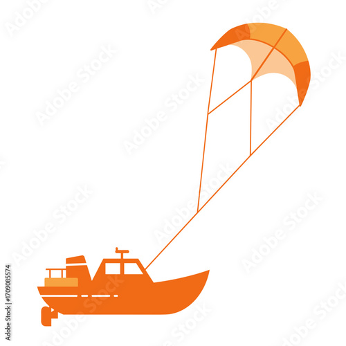 Orange Boat with Kite: Simplified Vector Illustration of Water Sport Activity