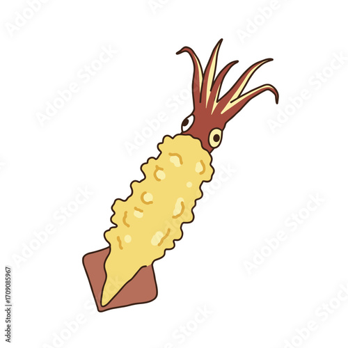Crispy Fried Squid Illustration: A whimsical depiction of a battered and deep-fried squid, its tentacles playfully extended.