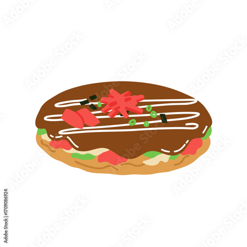 Stylized Okonomiyaki Illustration with Toppings and Drizzled Sauce