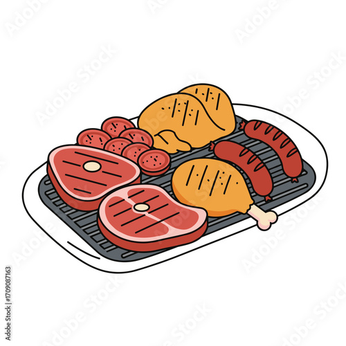 Colorful Cartoon Illustration of Grilled Meats on a Barbecue Grill