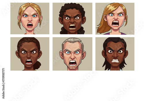 Cartoon Faces Displaying Anger and Frustration in a Grid Pattern 1.