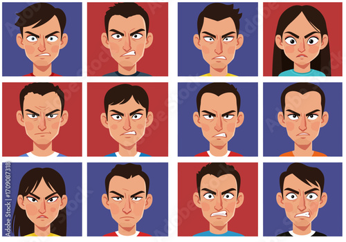 Cartoon Faces Expressing Anger and Disgust with Intense Stares and Frowning Expressions.
