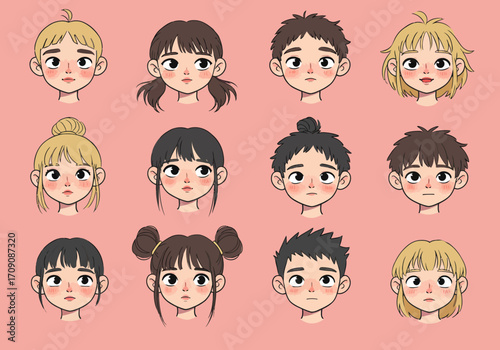 Cartoon Faces Diverse Group of Children with Various Hairstyles and Expressions.