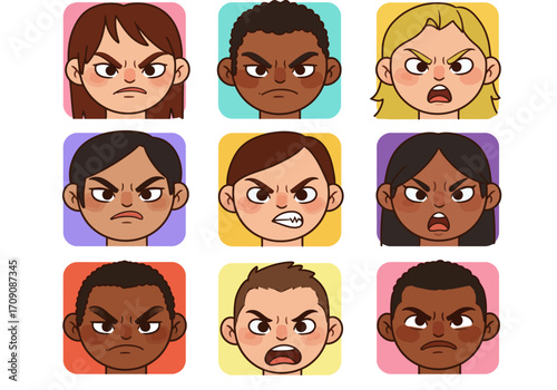 Cartoon Faces Expressing Anger and Frustration with Diverse Skin Tones and Hair Colors.