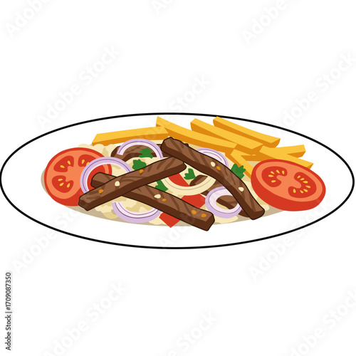 Cartoon Gyro Plate with Fries, Tomato, and Onion Rings on White Plate
