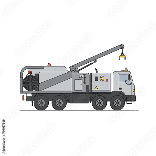 Utility Truck with Crane and Cable Reel: Side Profile Illustration