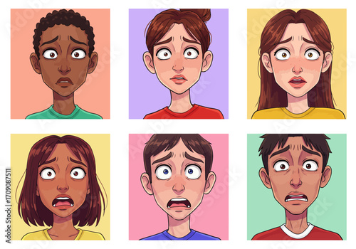 Cartoon Faces Expressing Fear and Anxiety Diverse Characters with Wide Eyes and Worried Expressions.