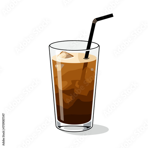 Refreshing iced coffee in a tall glass with a black straw, vector illustration