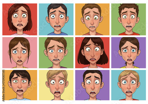 Cartoon Faces Expressing Fear and Anxiety in a Grid Pattern.