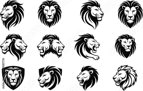 Lion head logo collection, black and white lion vector design, fierce lion mascot icons, powerful animal emblem illustrations set.