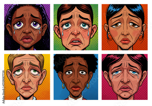 Cartoon Faces Expressing Sadness and Crying with Tears Diverse Group of People.