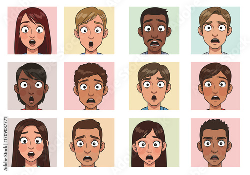 Cartoon Faces Expressing Shock and Fear Diverse Group of People Animated Characters.