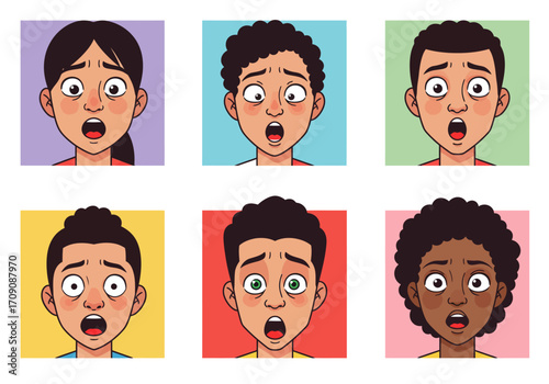 Cartoon Faces Expressing Shock and Surprise with Wide Eyes and Open Mouths 1.
