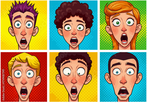 Cartoon Faces Expressing Shock and Surprise with Open Mouths and Wide Eyes.