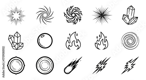 Collection of Hand-Drawn Mystical and Elemental Icons in Black and White