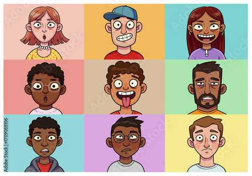 Cartoon Faces Grid Diverse Characters Expressing Various Emotions and Reactions.