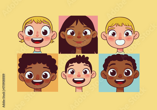 Cartoon Faces of Diverse Children with Smiling Expressions in Square Frames.