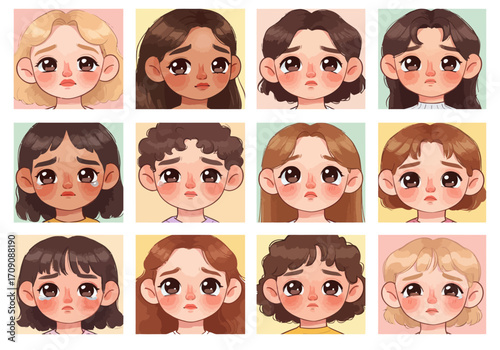 Cartoon Faces of Children Displaying Sadness and Tears in a Grid Pattern.