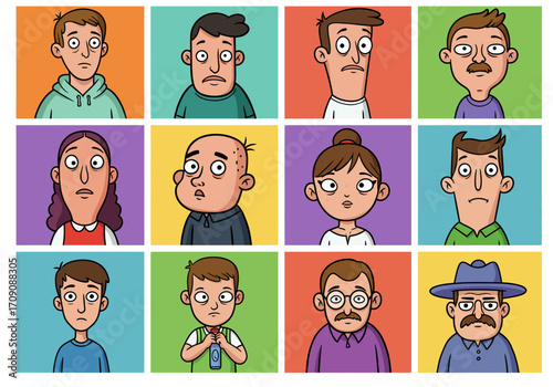Cartoon Faces with Wide Eyes and Concerned Expressions in a Grid Pattern.