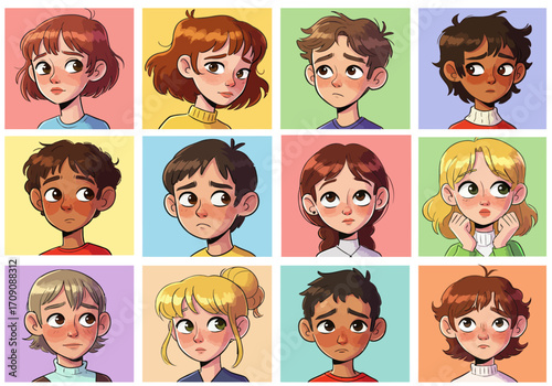 Cartoon Portraits of Diverse Children Expressing Sadness and Concern.