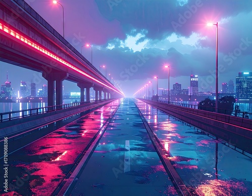 Cyberpunk Cityscape Floodlit Neon Signs Night