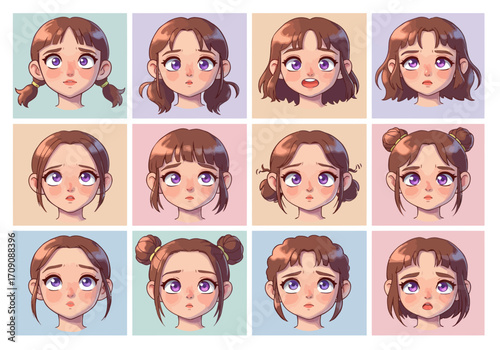 Cartoon Portraits of Girls with Various Hairstyles and Sad Expressions.