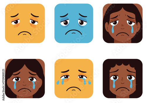 Collection of Sad Emoji Faces with Tears and Downcast Expressions.