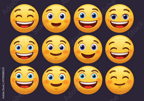 Collection of Yellow Cartoon Emoji Faces with Various Expressions.