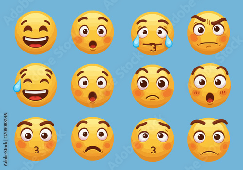 Collection of Yellow Emoji Faces Expressing Different Emotions on Blue Background.