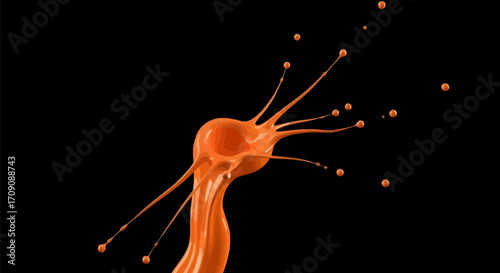 Vibrant Orange Paint Splash with Droplets on Black Background