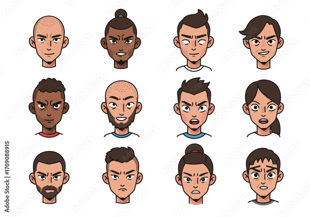 Fototapeta premium Diverse Cartoon Faces with Angry and Surprised Expressions Various Hairstyles and Skin Tones.