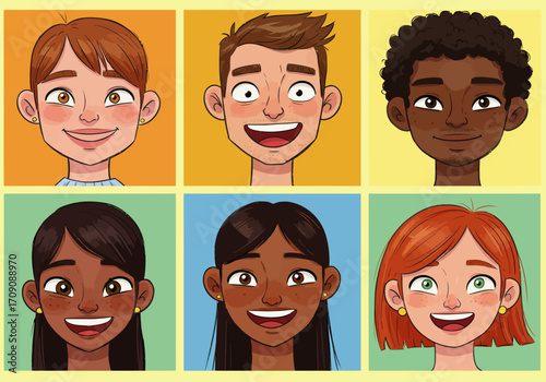 Diverse Cartoon Faces Smiling Portraits of People with Various Ethnicities and Hair Colors.
