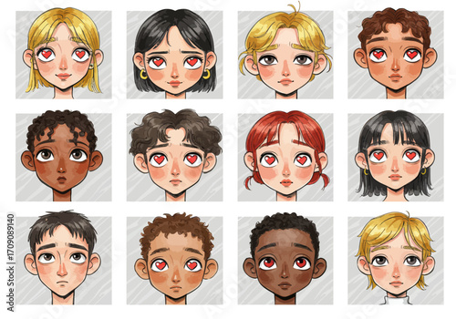 Diverse Cartoon Faces with Heart Eyes Expressing Love and Affection.