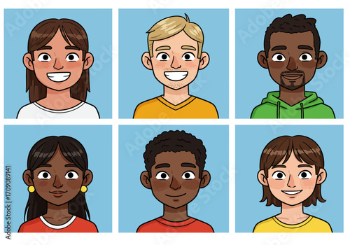 Diverse Cartoon People Six Smiling Faces in Individual Blue Frames.