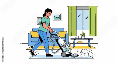 flat vector illustrations Woman vacuuming a living room, keeping her house clean, a perfect home concept
