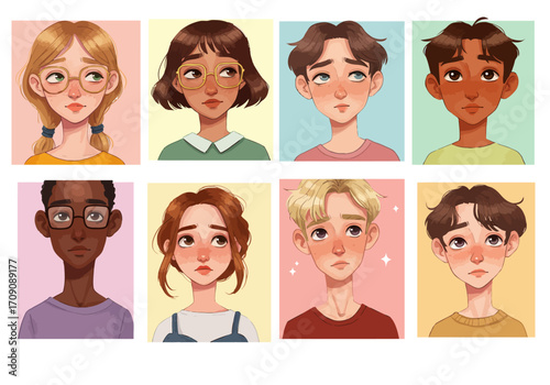 Diverse Cartoon Portraits Collection of Stylized Characters with Unique Features and Expressions.