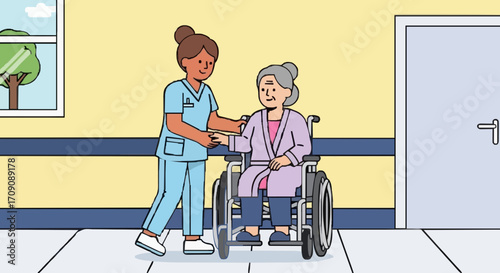 flat vector illustrations A compassionate nurse assisting an elderly woman in a wheelchair within a hospital environment. This heartwarming scene conveys the care and support provided in healthcare