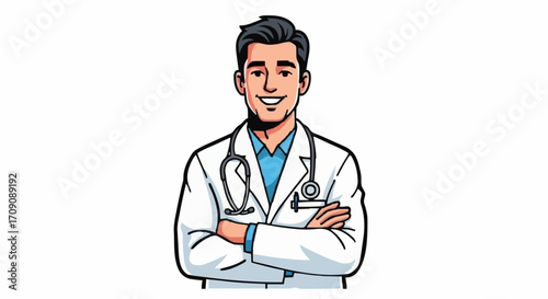 flat vector illustrations A smiling doctor with crossed arms and stethoscope