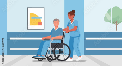 flat vector illustrations A dedicated healthcare professional assisting a patient in a wheelchair
