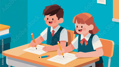 Illustration Of Two Students In Class Writing Vector Design Template