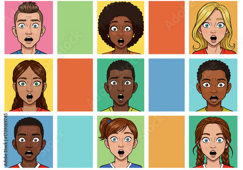 Diverse Group of Cartoon People Expressing Shock and Surprise with Open Mouths.