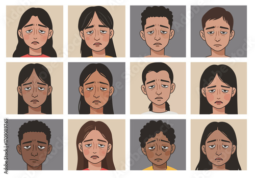 Diverse Group of Sad and Tired People with Dark Circles Under Their Eyes.