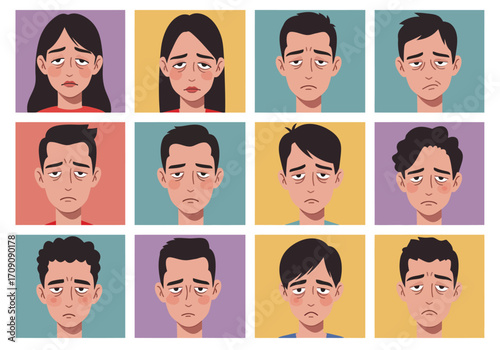 Illustration of Tired People with Dark Circles and Bags Under Eyes.