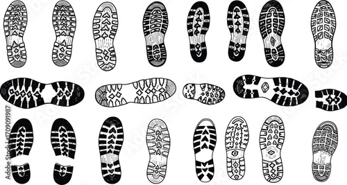Shoe prints collection, footwear soles, boot tracks, sneaker tread patterns, vector shoeprint design, footprint set, grunge sole texture